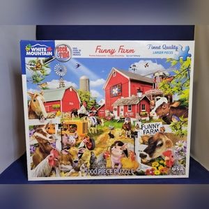 White Mountain Puzzles Funny Farm Seek and Find - 1000 Piece Jigsaw Puzzle Used
